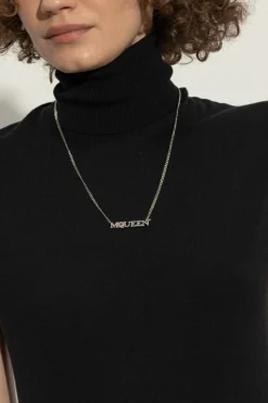 Alexander McQueen SREBRNY Naszyjnik z logo wysadzanym połyskującymi kryształami