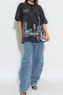 Alexander Wang CZARNY T-shirt z nadrukiem i połyskującymi aplikacjami