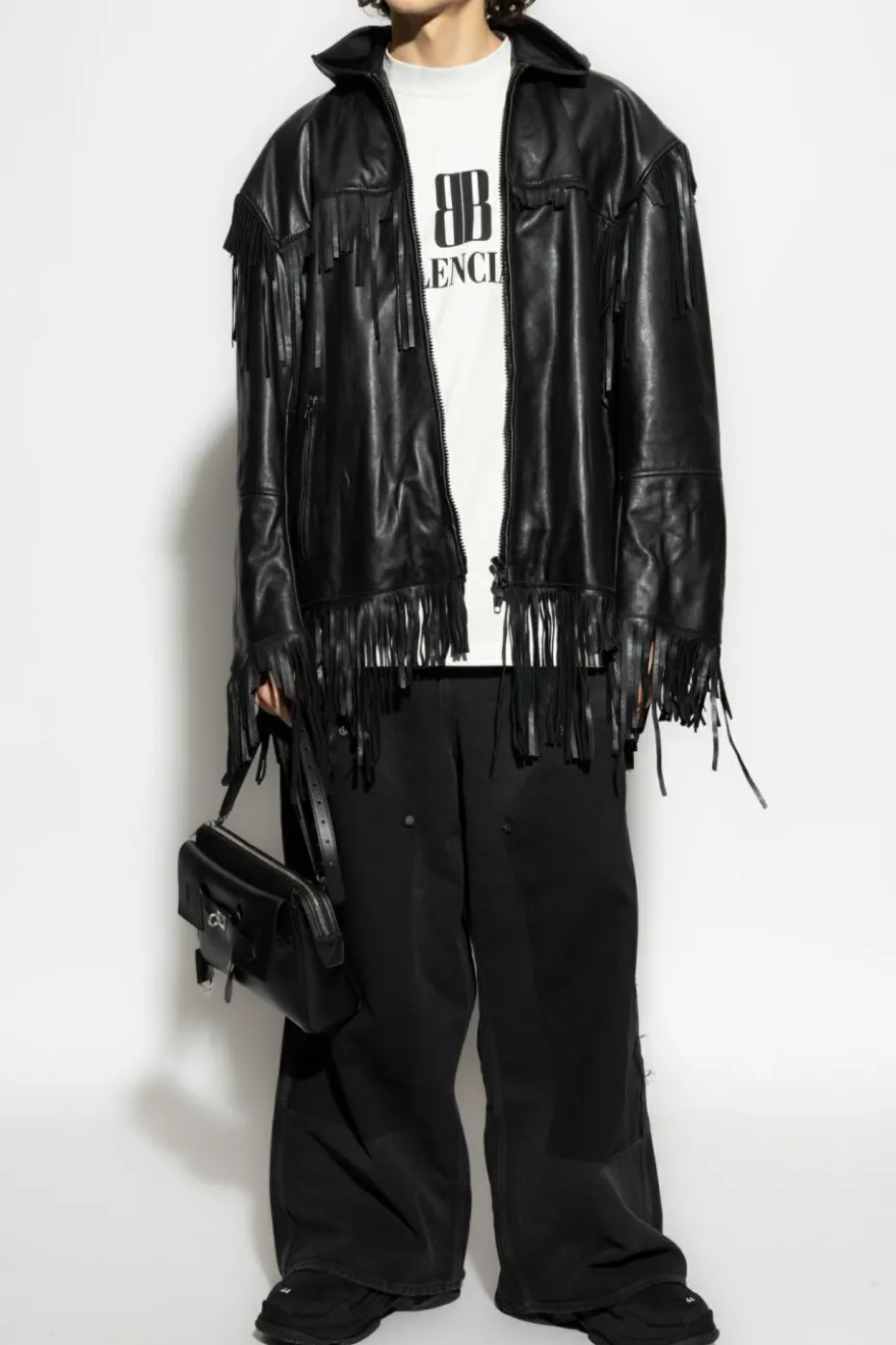 Balenciaga CZARNY Skórzana kurtka z kapturem