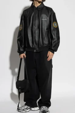 Balenciaga CZARNY Skórzana kurtka z naszywką