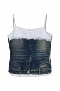 Balenciaga GRANATOWY Jeansowy top z koronkowymi wstawkami