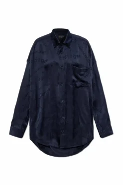 Balenciaga GRANATOWY Jedwabna koszula z logo