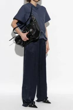 Balenciaga GRANATOWY Jedwabne spodnie z monogramem