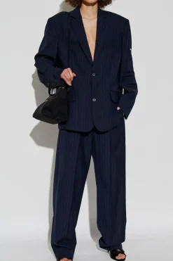 Balenciaga GRANATOWY Spodnie z szerokimi nogawkami w kant