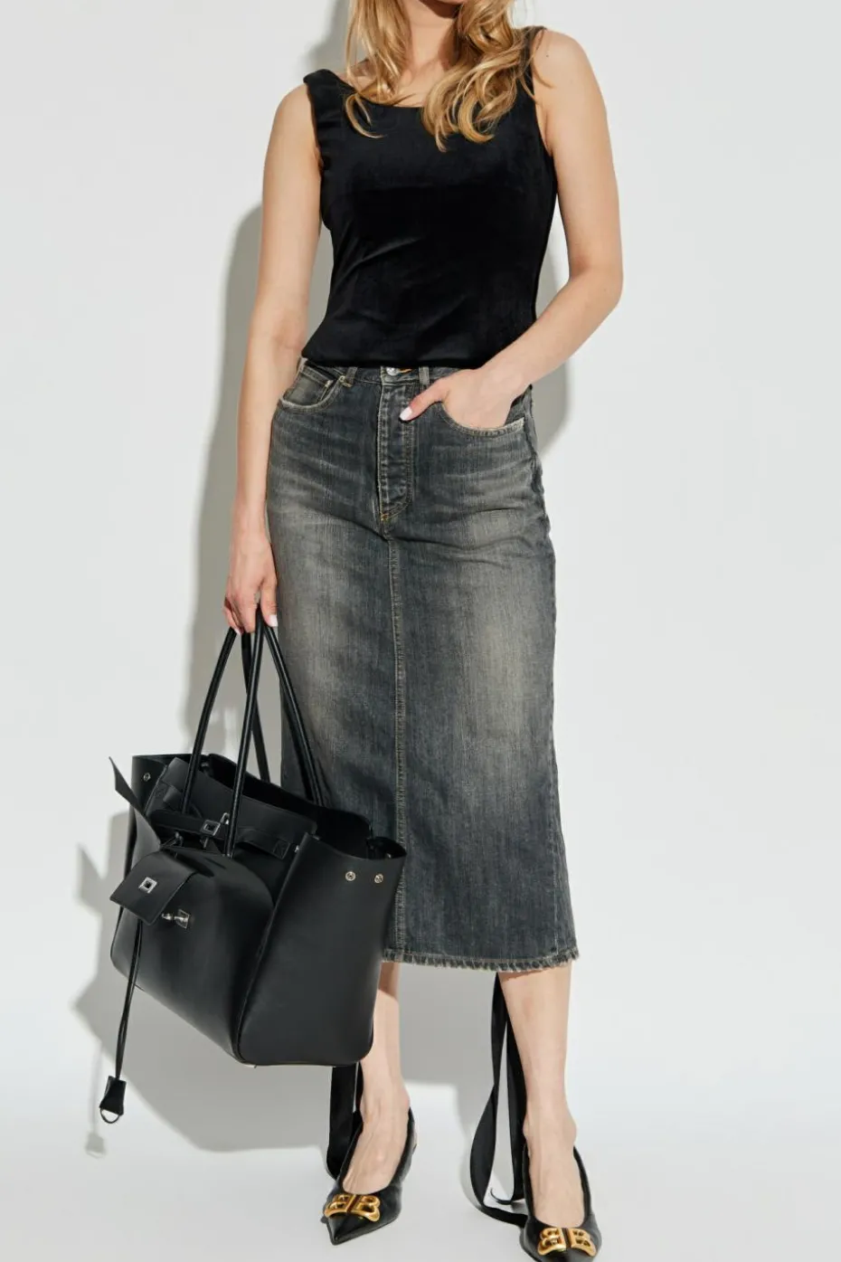 Balenciaga SZARY Jeansowa spódnica z dekoracyjna wstążką z tyłu
