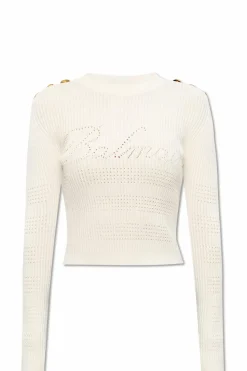 Balmain BIAŁY Prążkowany sweter z logo