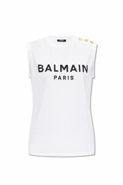Balmain BIAŁY T-shirt bez rękawów z logo