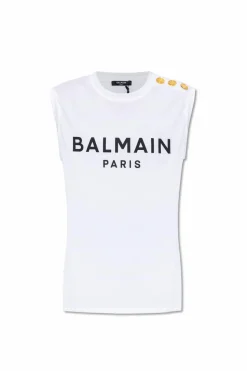 Balmain BIAŁY T-shirt bez rękawów z logo