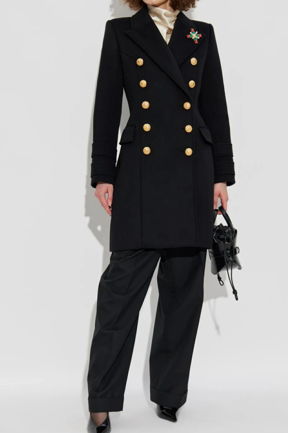 Balmain CZARNY Dwurzędowy płaszcz