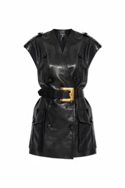 Balmain CZARNY Skórzana sukienka z paskiem w talii