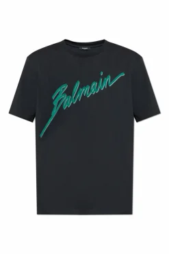 Balmain CZARNY T-shirt z logo o aksamitnym wykończeniu