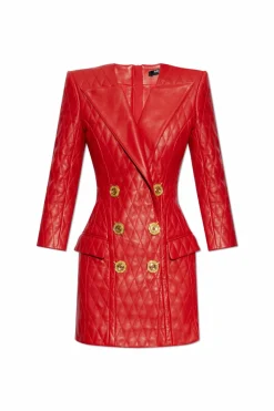 Balmain CZERWONY Skórzana sukienka z aplikacjami