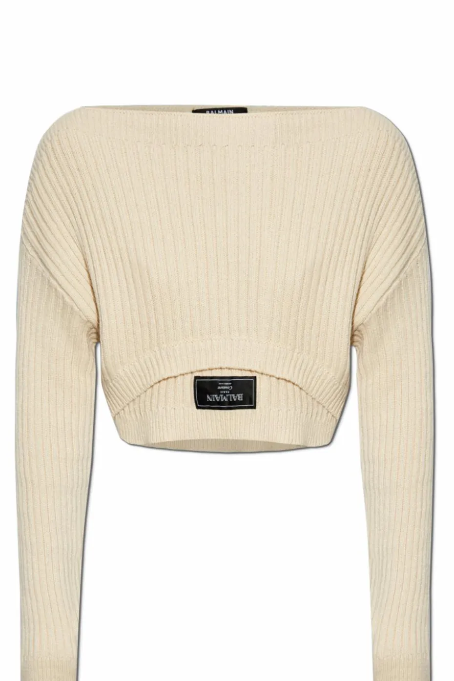 Balmain kremowy Krótki sweter z naszywką