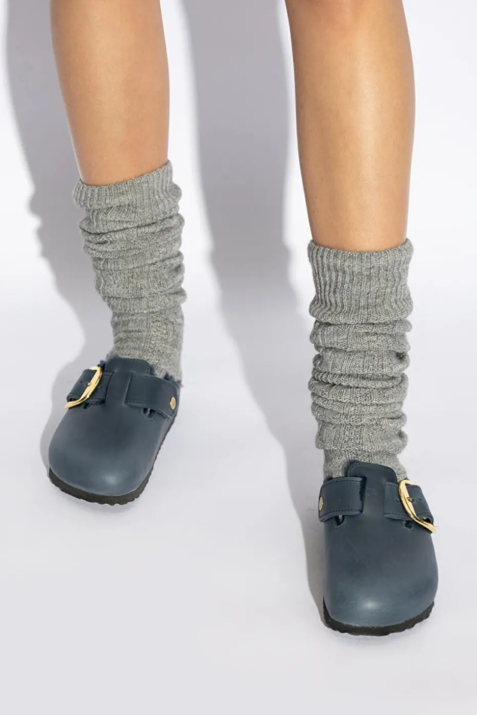 Birkenstock GRANATOWY Klapki `Boston Big Buckle Shearling`