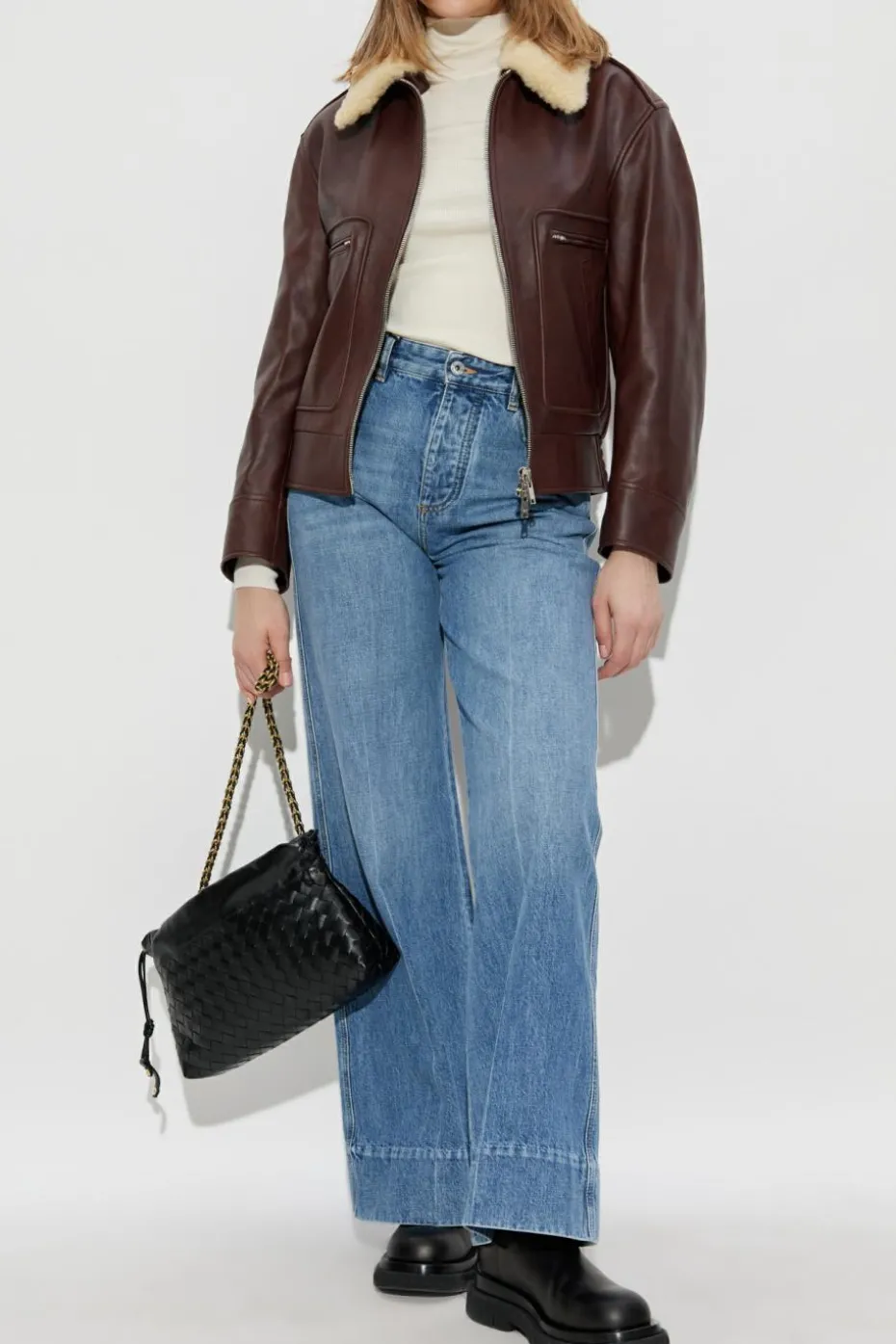 Bottega Veneta BORDO Skórzana kurtka z odpinanym kołnierzem z futra