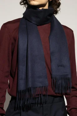 Brioni GRANATOWY Kaszmirowy szal z logo