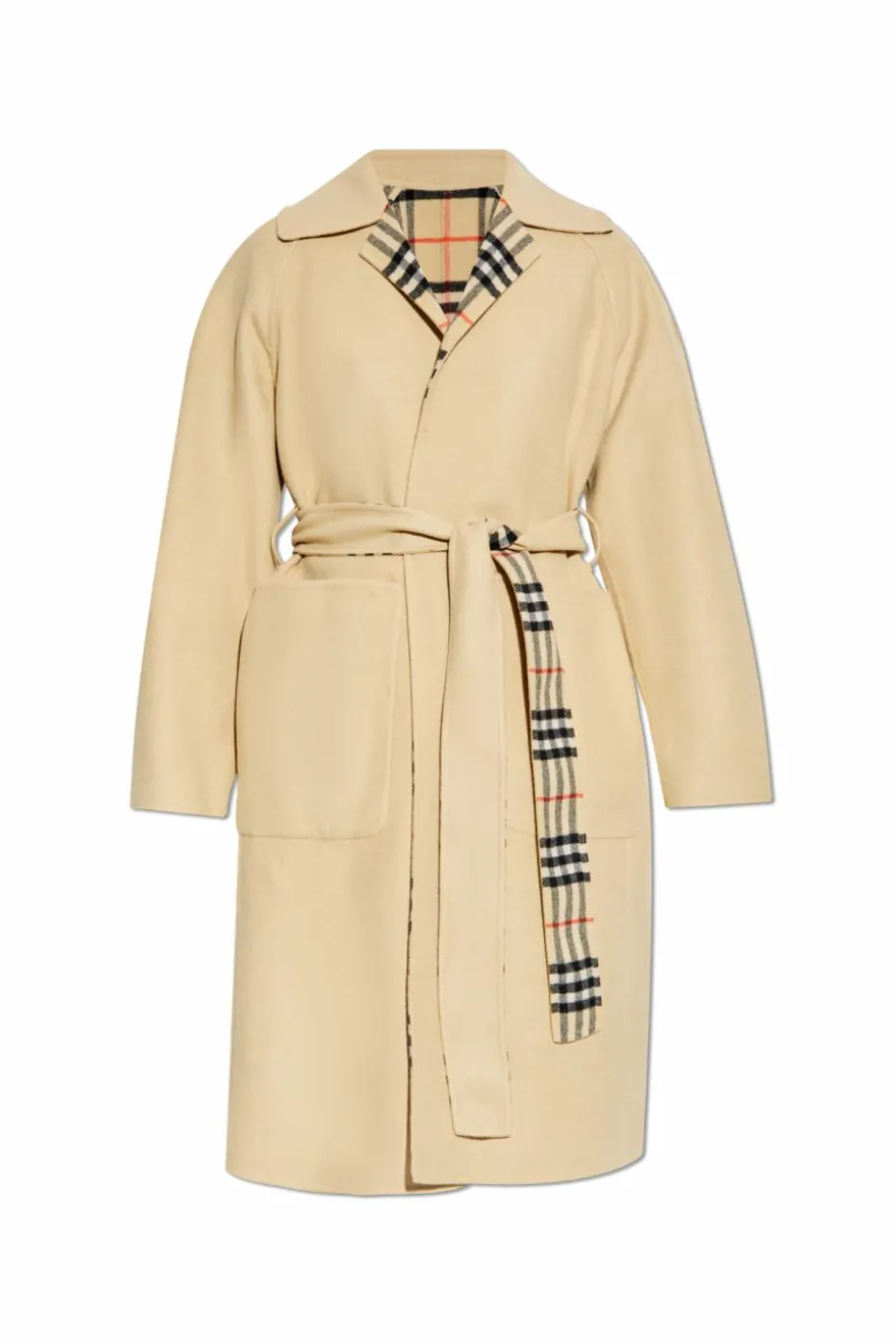 Burberry beżowy Wełniany płaszcz z paskiem