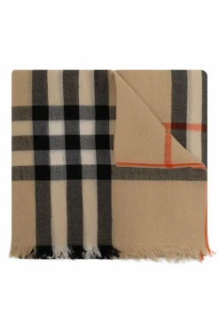 Burberry beżowy Wełniany szal ze wzorem w kratę