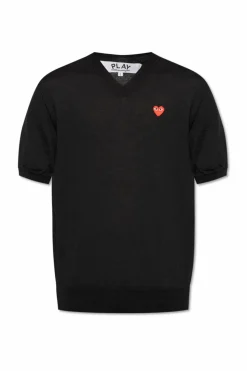 Comme des Garçons Play CZARNY Wełniany t-shirt z dekoltem w serek