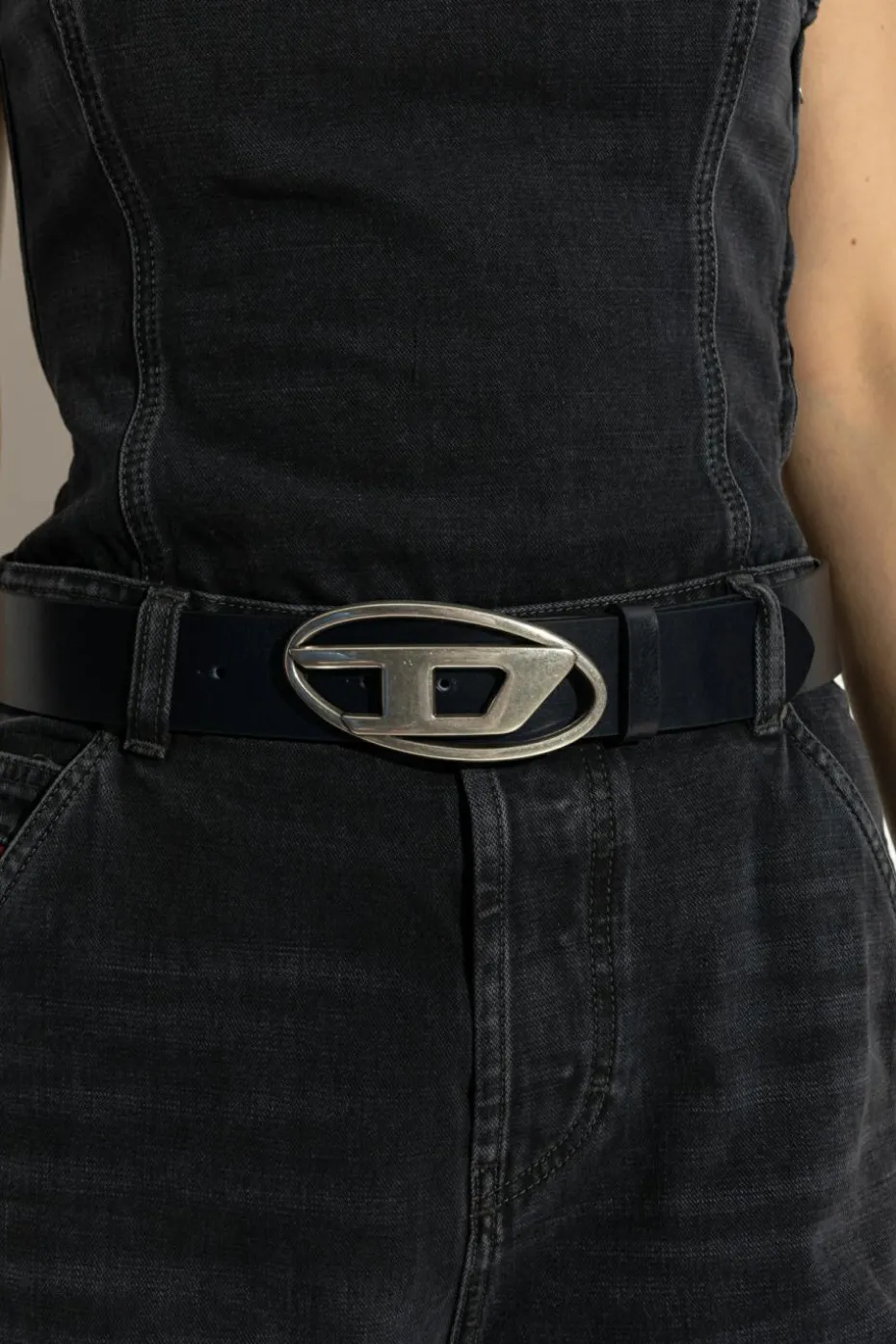 Diesel CZARNY Skórzany pasek `OVAL D LOGO B-1DR`