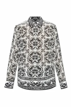 Dolce & Gabbana BIAŁY Jedwabna koszula z nadrukiem `Majolica`