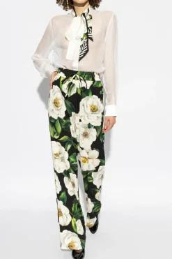 Dolce & Gabbana BIAŁY Jedwabna koszula z dekoracyjnym wiązaniem przy dekolcie