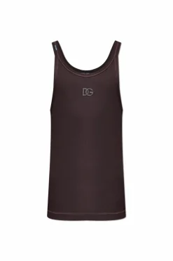 Dolce & Gabbana BRĄZOWY Prążkowany top z wyszytym logo
