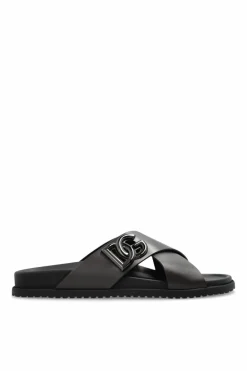 Dolce & Gabbana BRĄZOWY Skórzane klapki z logo