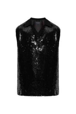 Dolce & Gabbana CZARNY Cekinowy top bez rękawów