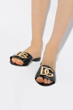 Dolce & Gabbana CZARNY Skórzane klapki z logo