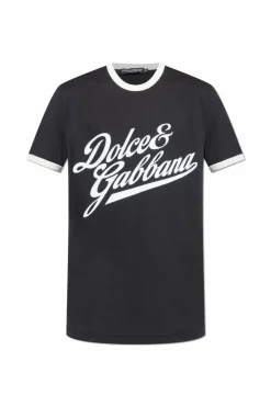 Dolce & Gabbana CZARNY T-shirt z logo o aksamitnym wykończeniu