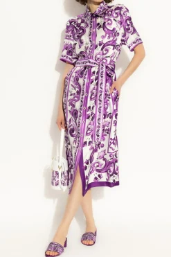 Dolce & Gabbana FIOLETOWY Jedwabna sukienka z nadrukiem `Majolica`