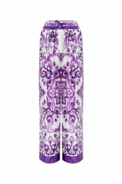 Dolce & Gabbana FIOLETOWY Jedwabne spodnie z nadrukiem `Majolica`