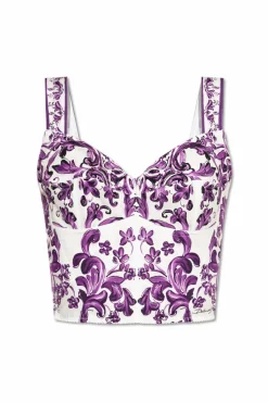 Dolce & Gabbana FIOLETOWY Top z nadrukiem `Majolica`