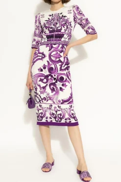 Dolce & Gabbana FIOLETOWY Sukienka z nadrukiem `Majolica`
