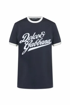 Dolce & Gabbana GRANATOWY T-shirt z logo o aksamitnym wykończeniu