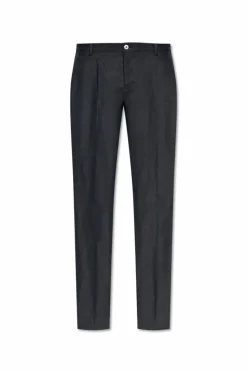 Dolce & Gabbana GRANATOWY Lniane spodnie w kant