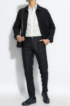 Dolce & Gabbana GRANATOWY Lniane spodnie w kant