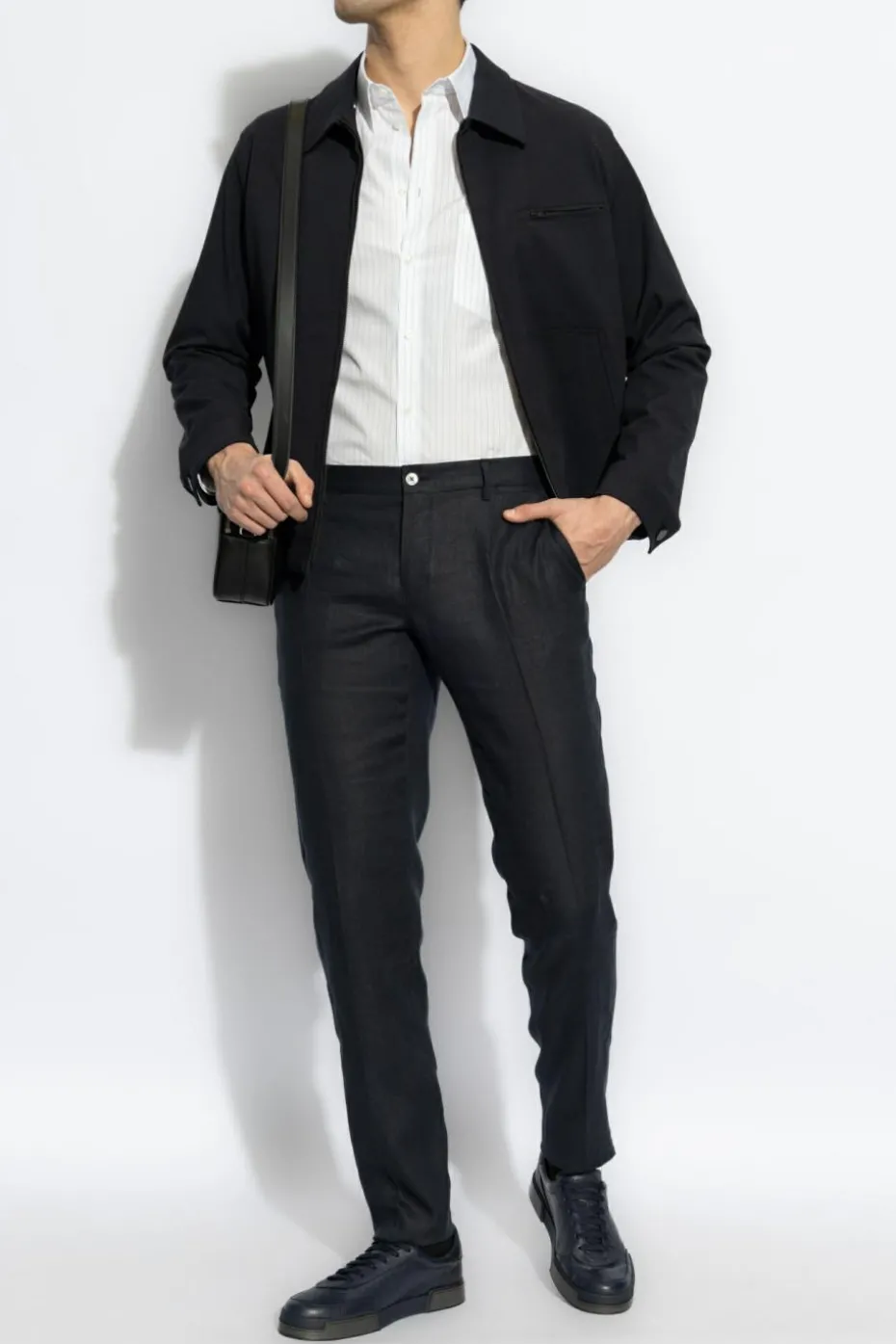 Dolce & Gabbana GRANATOWY Lniane spodnie w kant
