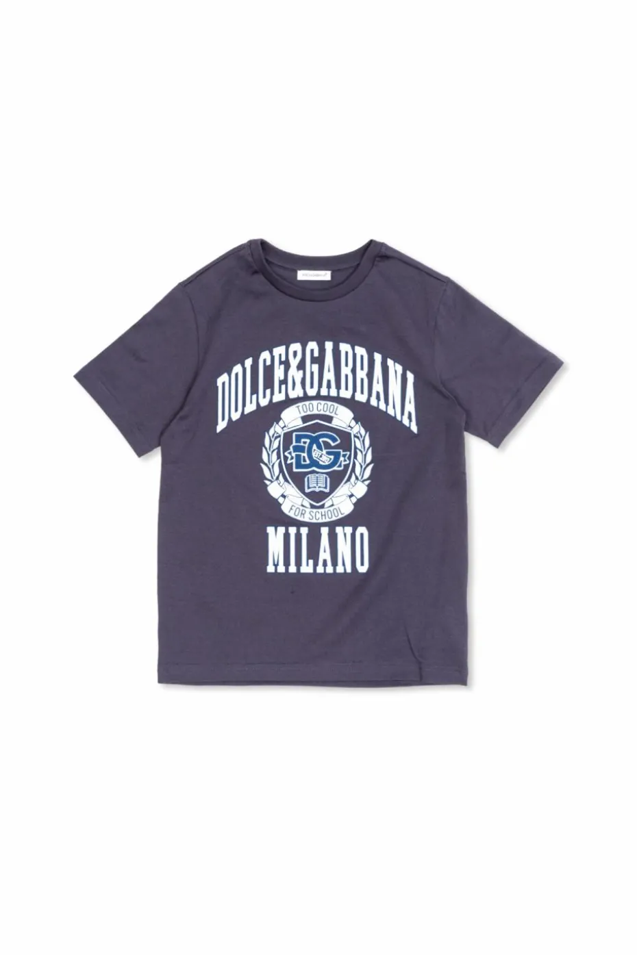Dolce & Gabbana Kids GRANATOWY T-shirt z logo o aksamitnym wykończeniu