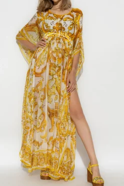 Dolce & Gabbana ŻÓŁTY Sukienka z nadrukiem `Majolica`