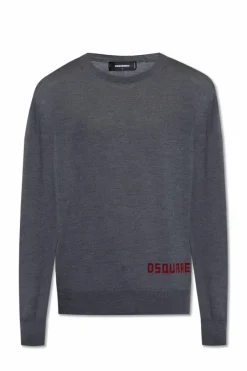 Dsquared2 SZARY Sweter z logo o aksamitnym wykończeniu