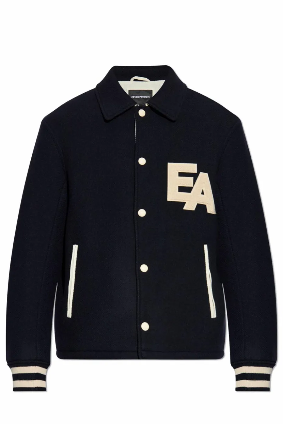 Emporio Armani GRANATOWY Wełniana kurtka z logo