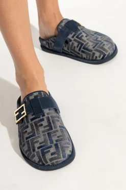 Fendi GRANATOWY Klapki z monogramem o aksamitnym wykończeniu