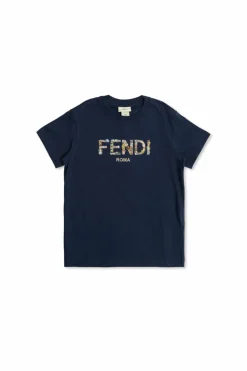 Fendi Kids GRANATOWY T-shirt z kolorowo nadrukowanym logo