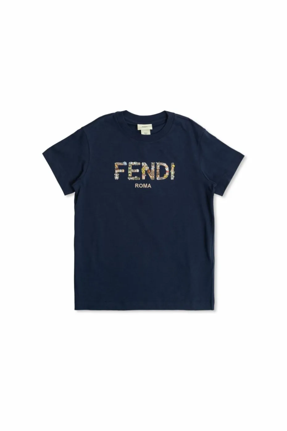 Fendi Kids GRANATOWY T-shirt z kolorowo nadrukowanym logo
