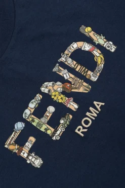 Fendi Kids GRANATOWY T-shirt z kolorowo nadrukowanym logo