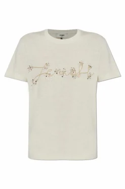 Fendi kremowy T-shirt z połyskującymi aplikacjami