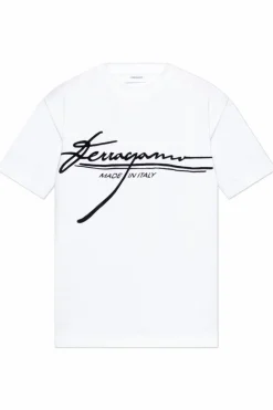 FERRAGAMO BIAŁY T-shirt z logo o aksamitnym wykończeniu