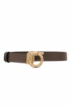 FERRAGAMO BRĄZOWY Dwustronny skórzany pasek